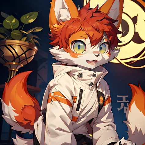 eyes with brightness,Furry，Furry，Bust photo of the character,Q version，头像框， Character focus，独奏, shaggy, Furry fox, White fur for women, Squinted eyes，clawed paws，Claws,Red hair，Loli style，Little cute， Sell moe，White T blood，black long pants，城市