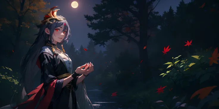 (long hair, hair ornament, grey hair:1.7), multicolored hair, red eyes, glowing eyes, maple_leaf,  leaf, autumn_leaves, 1girl, moon, full_moon, gloves, night, breasts, solo, falling_leaves, looking_at_viewer,  black_gloves, holding_leaf, outdoors, makeup, ...