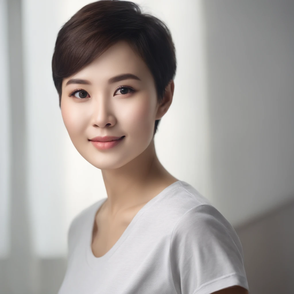 (Photo: 1.3) af (realistic: 1.3), East Asian woman, soft light, clear face, (front), ((white T-shirt)), cheerful, warm light, ((gray-white gradient background)), (background)) ,avatar,(short hair),beautiful,young,,short hair,((avatar))