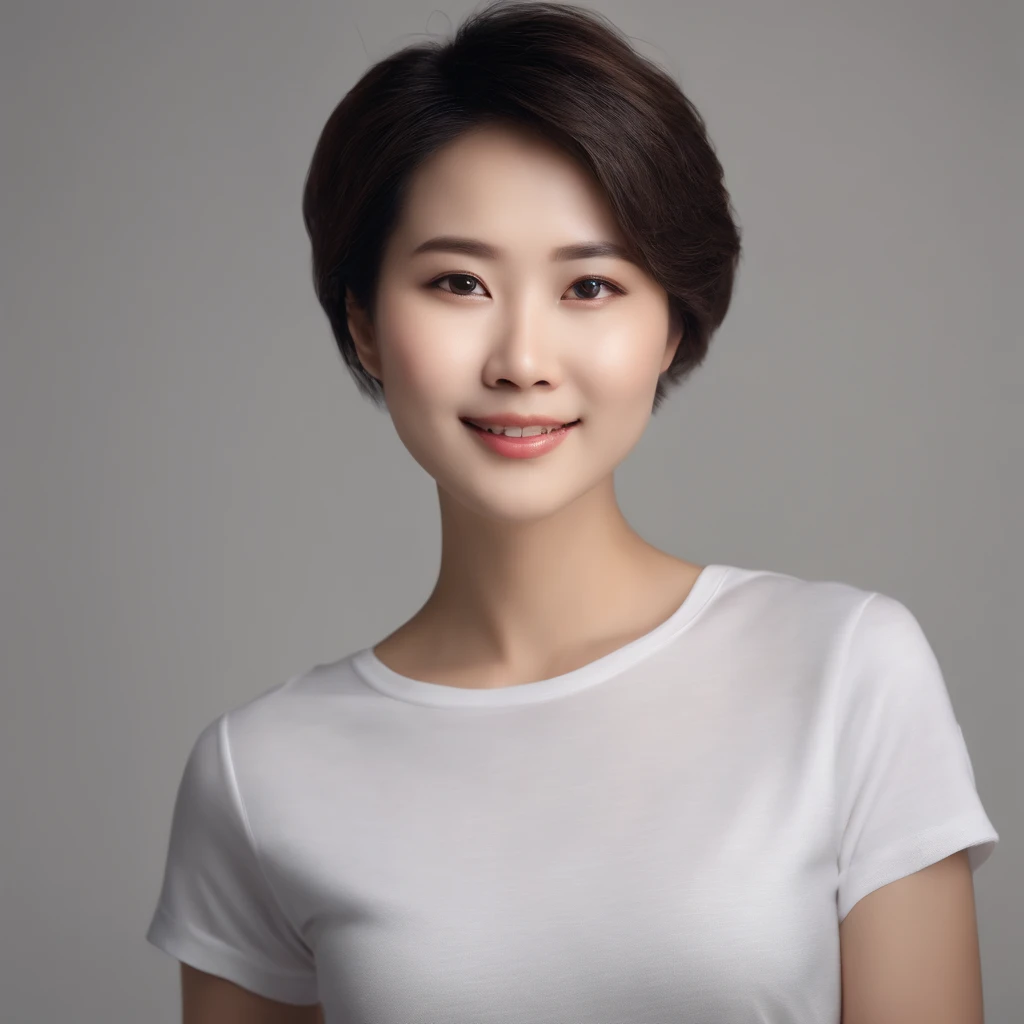 (Photo: 1.3) af (realistic: 1.3), East Asian woman, soft light, clear face, (front), ((white T-shirt)), cheerful, warm light, ((gray-white gradient background)), (background)) ,avatar,(short hair),beautiful,young,,short hair,((avatar))