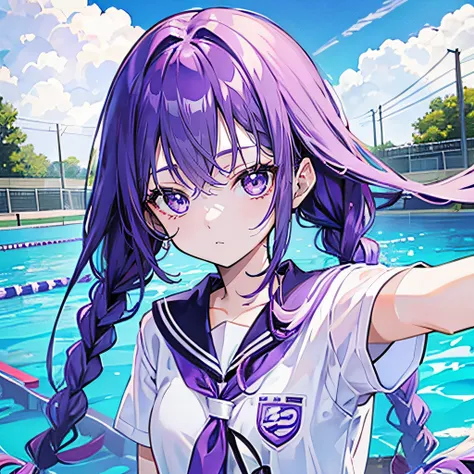 Purple colored hair，long whitr hair，Purple eyes，Twist braids，adolable，teens girl，swimming uniform，frontage，frontal photos，ID photo