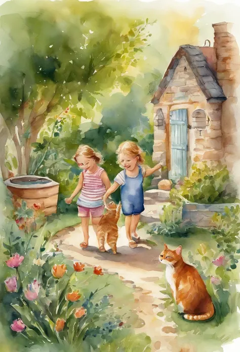 Two children playing with a cat in the backyard, childrens book illustrations, childrens book illustrations, childrens book illustrations, childrens book illustrations, childrens book illustrations, childrens book illustrations, cute storybook illustration...