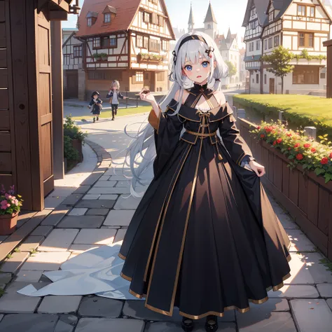 (very cute female child:1.6),10 yo,(Dandres costume:1.8),(Offering a chocolate cakes than your face:1.3),BREAK full body shot,medium shot,BREAK (kawaii,loli:1.5),(medieval german cityscape:1.5),Summer,day, Long hair,flat chest,Wind,BREAK  (extremely detail...