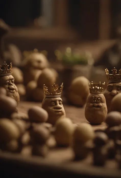 Tiny potato kings wearing majestic crowns, sitting on thrones, overseeing their vast potato kingdom filled with potato subjects and potato castles