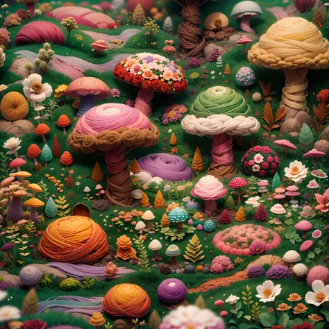 Wool felt animation,Dreamy Wonderland,an enchanted forest,Superb needlework details,Imaginative landscape,Soft touch,Knitted fabric transformation,Subtle lighting effects,A richly saturated color palette,Artfully hand-dyed wool fibers,Rose garden,Lush gree...