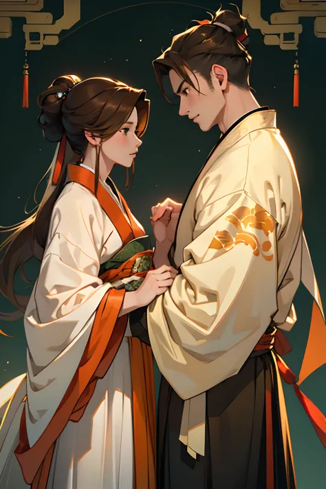 A boy and a girl, (lovers), masterpiece, 8k, high resolution, ultra details, professional lighting, green hakama, muscle young man,  white and orange hanfu, brown hair male, brown hair brown eyes female, Chinese pattern background, gentle expression, wuxia