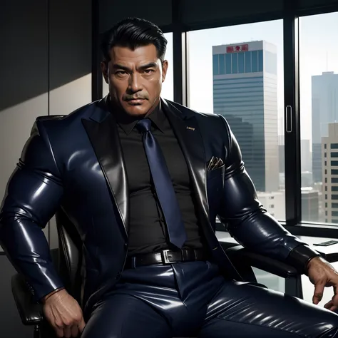 50 years old,daddy,shiny suit ,dad sit down on chair,k hd,in the office,big muscle, gay ,black hair,asia face,masculine,strong m...