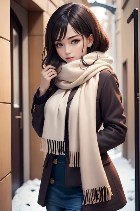 Beautiful woman in woolen felt scarf