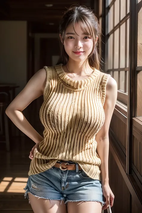 Enhanced dynamic perspective，Cute cute beautiful girl、age19, teacher,(Huge breasts:1.3), busty, Flowing sweat, narrow shoulder,((Impossible sweater:1.3)), ((Sleeveless))、(((Shorts)))、Open legs:1.5, see through,Look at me and smile，simple backgound，Works of...