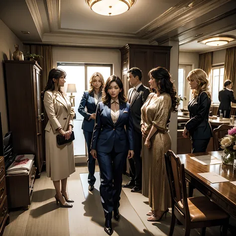 18 women standing around middle-aged women、inside in room、Wearing a suit、A MILF、