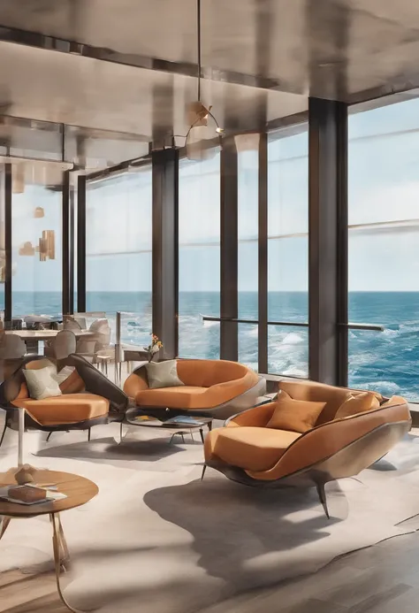 Large floor-to-ceiling windows with ultra-modern panoramic views by the sea.Warm feeling， Use photographic hyperrealism, highly  detailed, and high-resolution 16k. –AR 16:9 –V 5.2 – Original style