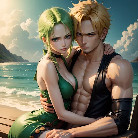 Roronoa Zoro from One piece holding Vinsmoke Sanji from One Piece in a romantic embrace, In the style of the One Piece anime