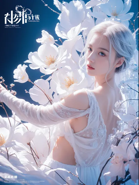 (((Masterpiece))), Best quality, illustration, 4k wallpaper, Cinematic light, absurderes, 1girll,(Snow,Ice), snowflower, In winter, White hair, Shiny hair, Wavy hair, Transparent clothes, frilld, Lace, Wet clothes, Off_Shoulder, hair scrunchie,Masterpiece,...