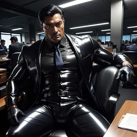 50 years old,daddy,shiny suit ,dad sit down on chair,k hd,in the office,big muscle, gay ,black hair,asia face,masculine,strong m...