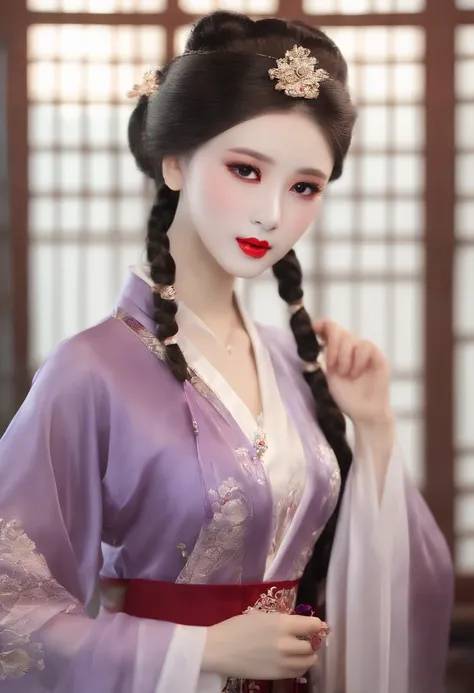 1 beautiful Van Hi girl in hanfu dress, A 27-year-old girl with an old ladys face, korean-doll, Thin purple silk shirt，Multi-white texture, white lace top, long platinum purple ponytail, hair adornments, ear jewelry, necklace and necklace , Carefully drawn...