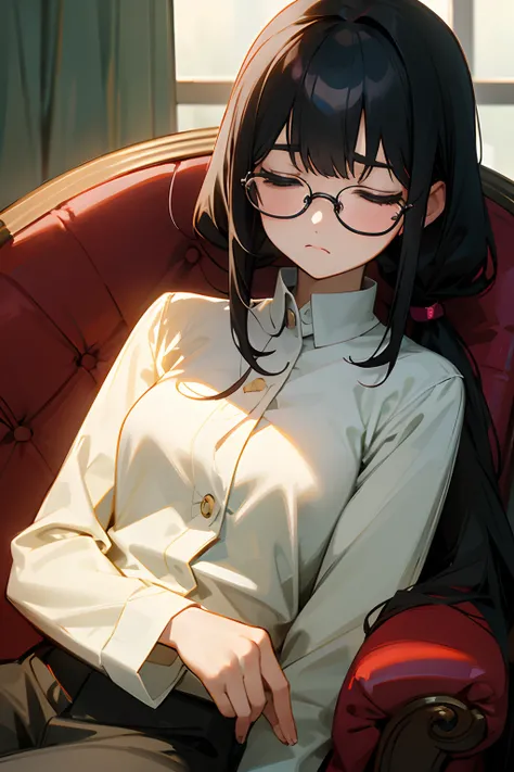 femele、A dark-haired、poneyTail、Straight face、wears glasses、Sleeping sitting in a chair