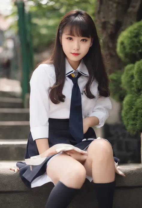 ​masterpiece。top-quality。girl with。High school students。hi-school girl。japanes。Wearing a uniform。School Uniforms。Bustling street。natta。beauty legs。opens legs。Open crotch。pantiy。Sit down to show off。Crouch down