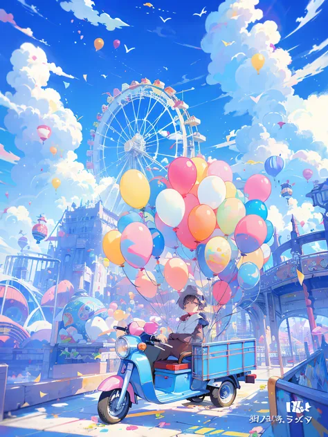 （（No Man））There is a tricycle and a scooter with balloons in the sky, colorful anime movie background, Anime background art, anime backgrounds, Anime art wallpaper 4k, Anime art wallpaper 4 K, Anime art wallpaper 8 K, beautiful anime scenery, Beautiful ani...