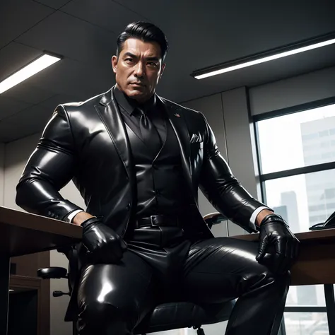 50 years old,daddy,shiny suit ,dad sit down on chair,k hd,in the office,big muscle, gay ,black hair,asia face,masculine,strong man,the boss is,handsome,sex,leather gloves,lecherous dad,look straight ahead,dad is handsome