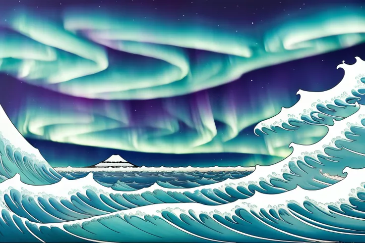 glacial ocean, (aurora:1.3), ukiyoe style, hokusai