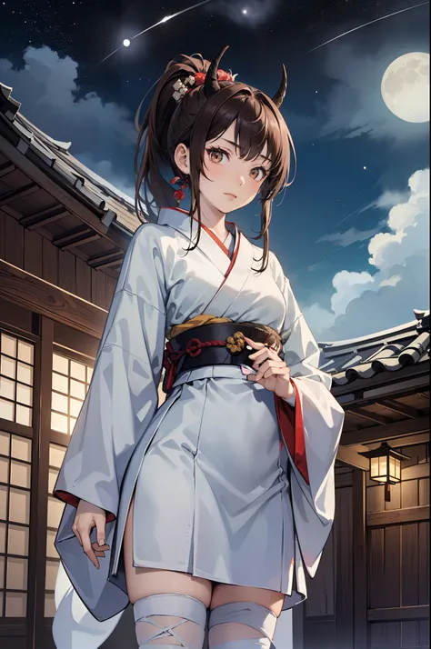 (masterpiece, best quality:1.2), (1girl, solo), 16years old, full body, naked bandage, (brown hair, ponytail), black demon horns, brown eyes, masking face by bandage, (old Japanese style house, standing on the roof), (night sky, full moon)