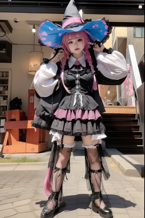 female idol、large full breasts、beautiful foot、pinkhair、、Good Style、Mini skirt gothic lolita fashion、、、witchs hat、knee sox、