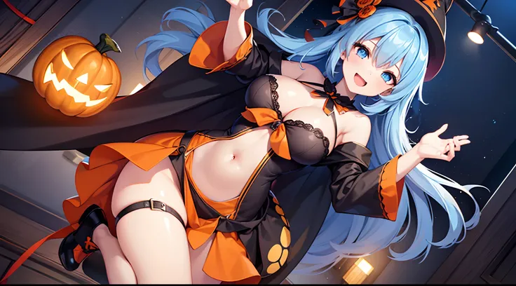 1 girl, game CG, 1 girl, game CG, orange mini dress, visible cleavage, visible shoulders, visible navel, black witch hat, cloak, orange panties, string hair ribbon, gigantic breasts, light blue hair, middle hair, two side up, blue eyes, indoors, Halloween ...