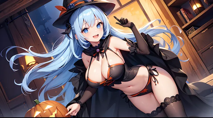 1 girl, game CG, 1 girl, game CG, orange mini dress, visible cleavage, visible shoulders, visible navel, black witch hat, cloak, orange panties, string hair ribbon, gigantic breasts, light blue hair, middle hair, two side up, blue eyes, indoors, Halloween ...