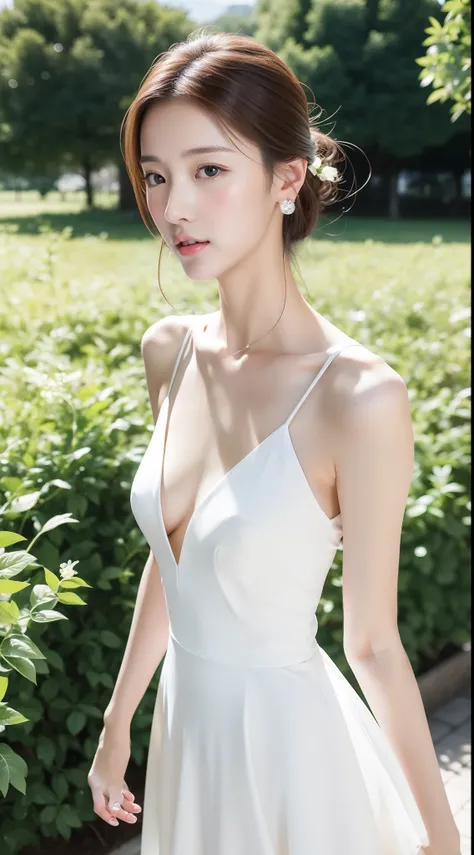 Ultra-clear resolution，top Quority，Wonderful young girl，ear studs，Clear  eyes，plain face，Gloss on lips，s the perfect face，White skin，Perfect chest，Slender legs，Tight wedding dress，high-heels，great outdoors