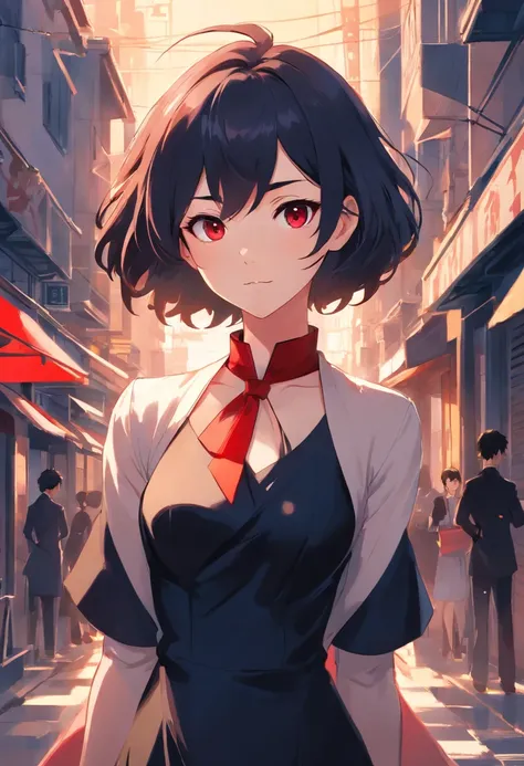 An amazing portrait of Ryuko Mai, The heroine in an elegant black dress. His eyes were intensely red, Exudes an aura of mystery. His facial expression combines determination and mystery. The landscape around her is a dark mystery, Deep shadows hide subtle ...