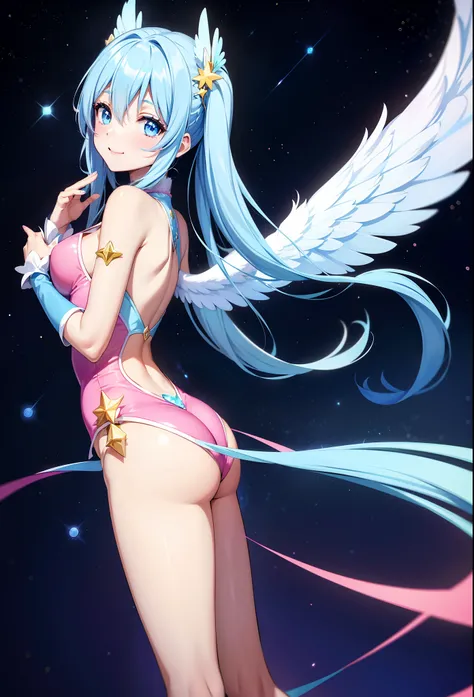 Super Idol　a beauty girl　A charming smile　sky blue hair　length hair　Twin-tailed　Glittery bright pink and white and blue and yellow leotards　facing front　7 colors of angel great wings on the back　Mystical　Fantasia　constellation　a moon　Crystal Brilliance　Aur...