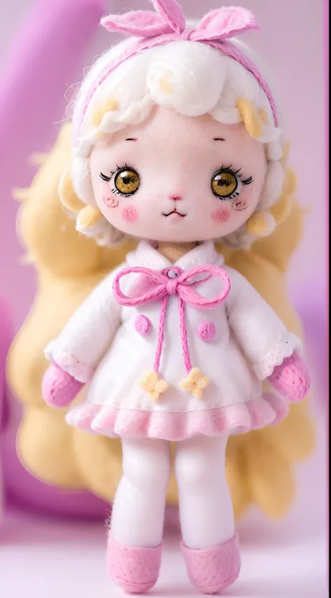 wool felt，felt，Plush ，adolable，Masterpiece, Best quality, Super detailed, illustration, Beautiful eyes, Close up, A girl. It is white hair, Pink bow, Yellow pajamas.Wool felt dolls。