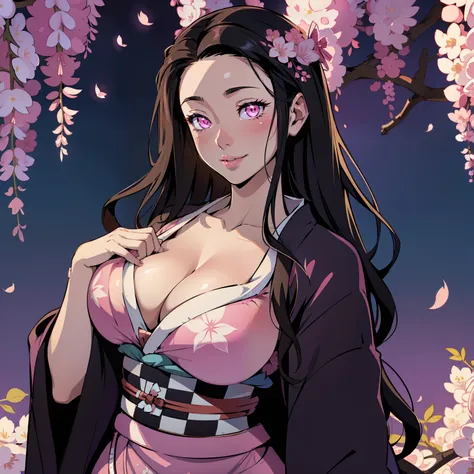 Masterpiece, (Pink kimono), Seductive face, Large breasts with cleavage，ssmile，sportrait，Good lighting, Masterpiece, Glowing eyes, 1girll, Black hair, on the face, Nezuko Kamado, Wisteria background, Best quality,