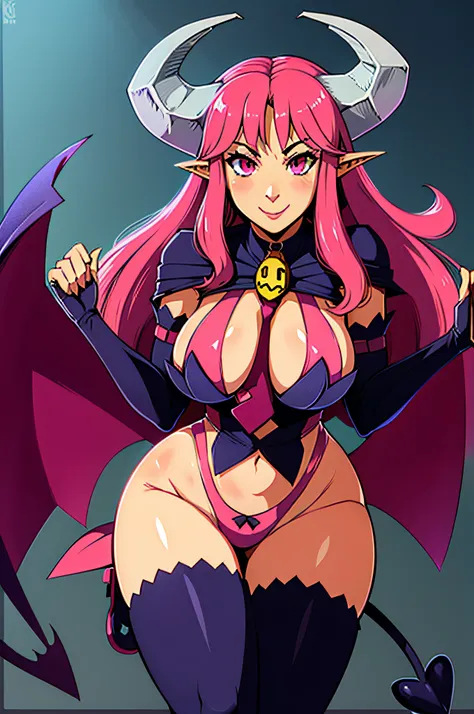 Succubus, long pink hair, pink eyes, demon horns, pointy ears, bat wings, demon tail, SucGear, thigh high boots ,detached sleeves ,cleavage ,necktie with bell, pink panties, revealing clothes, navel, 1girl, solo, facing viewer, looking at viewer, smile.