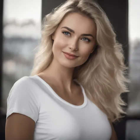 (photo: 1.3) af (realism: 1.4), (((white T-shirt))), (blond lady), super high resolution, (realism: 1.4), 1 girl, female avatar, soft light, Black hair, smile, facial focus, cheerful, young, confident, ((gray background)), (((monochrome background))), high...