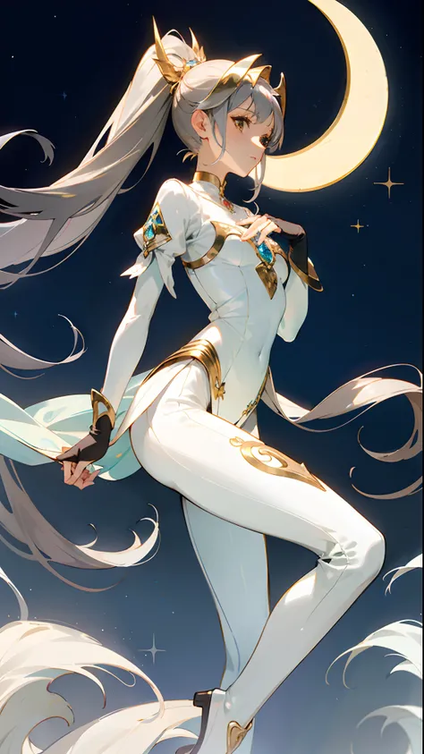 (masterpiece, best quality )detailed, 1Character ,  pastel washed out colors , cell shade , soft, muted shades ,gentle colors , blue archive art style

She wears a fitted, celestial blue bodysuit with a graceful V-neckline, featuring a silver chest emblem ...