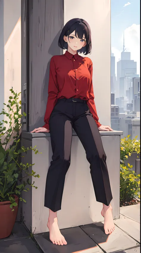 1girll, 独奏, red blouse，Exposing thighs,Wear slacks，Sit on grass，The chest is large，Perfect hands，Barefoot，Sit on the windowsill