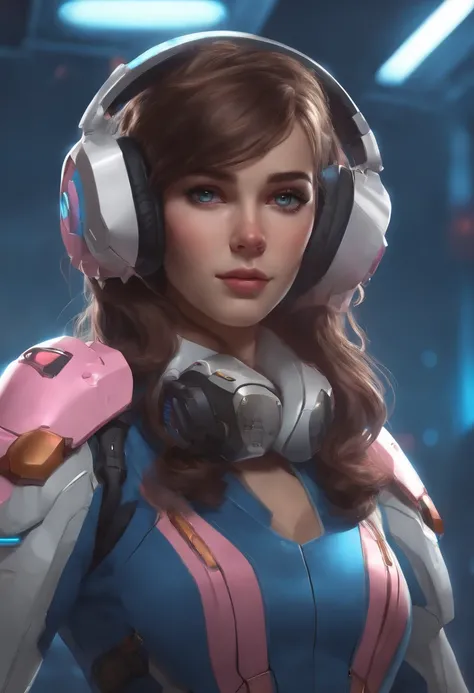 Masterpiece, Best Quality, High Resolution, 1girl, Super High Resolution, Solo, Mech Pilot, D.VA, Headphones, Pink Eyes, Blue Tights, Brown Hair, White Gloves, Cat Face Adornament,