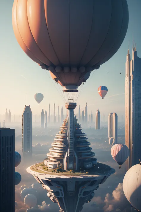 Make all the balloons in this photo into futuristic city apartments