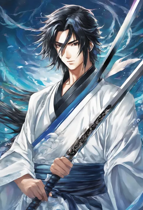 Anime Picture Gekkadan, Kusanagi, Black Hair, White Mesh, Sword Bearer, Man Long Ponytail, Samurai, Wind, Blue Yokata, Handsome Hair Is One Part, White Dress, Holding a Sword, Black Eye Patch Over His Left Eye