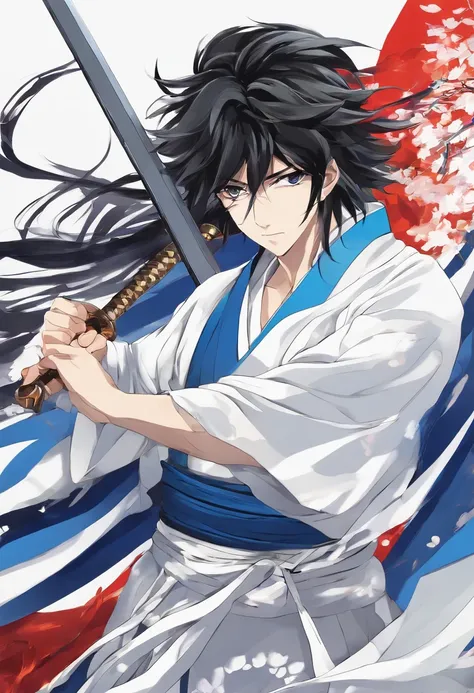 Anime Picture Gekkadan, Kusanagi, Black Hair, White Mesh, Sword Bearer, Man Long Ponytail, Samurai, Wind, Blue Yokata, Handsome Hair Is One Part, White Dress, Holding a Sword, Black Eye Patch Over His Left Eye