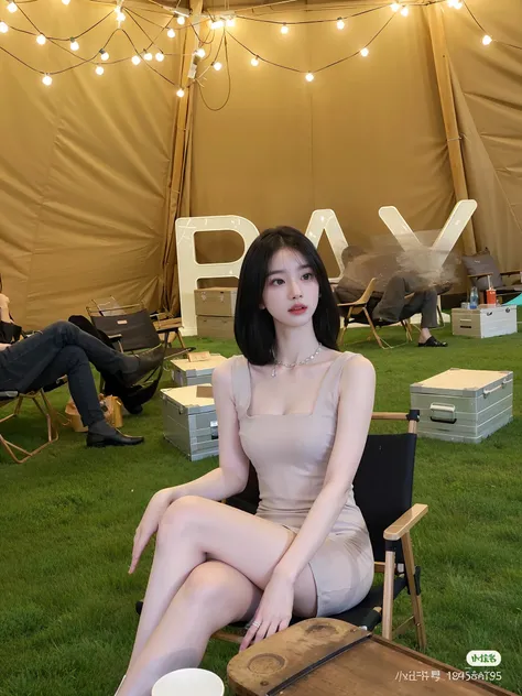 There was a woman sitting on a chair in a tent, jaeyeon nam, bae suzy, ulzzangs, shaxi, Shin Jinying, jia, Choi Hyun-hwa, pale milky white porcelain skin, is wearing  dress, on a mannequin. High quality, smooth in _ Background with, park jimin, muted color...