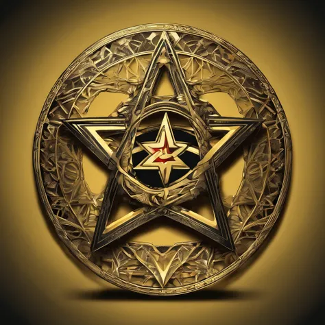 Yellow gold ring，Pentagram pattern，It shines with a noble golden light，The golden-red tone is filled with dark-style graphics，simple backgound， with black background，Simple details