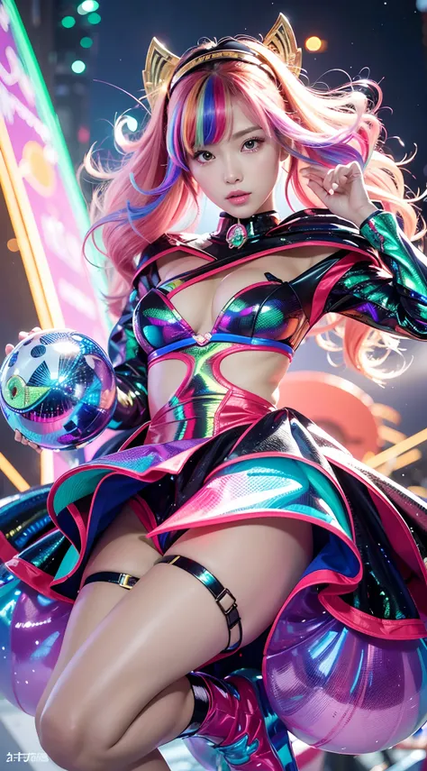 ((masutepiece)), Best Quality, absurderes, ultra-detailliert, 8K, Dynamic Pose, super complex details, Intricate details, Holographic, Cowboy Shot, Golden ratio, Super cute girl, Neon aura, delicate and beautiful face, Space Cheerleader, Mature girl, Super...