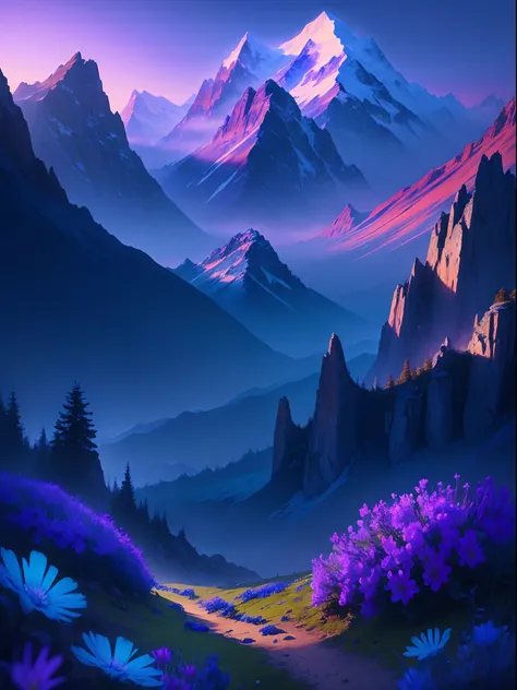 (masterpiece), (beste-qualit), (mountain in the background), mist,  (blue & turquoise), (flower glade, purple flowers)