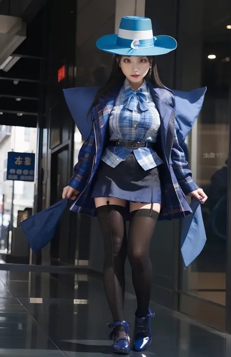 Idol of magician fashion、Good Style、、Blue checked magician jacket、silk hat、Tight mini skirt（fishnet tights）、Idol face、large full breasts、、Light blue checked shirt