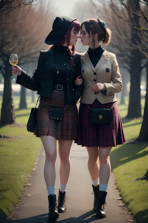 spooky scottish female lesbian love birds kissing, full body hd, 4k