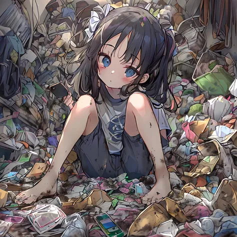 absurderes, hight resolution, (Anime style:1.1), ((masutepiece)), ((Best Quality)), (Ultra-detailed), (Beautiful), 独奏, Beautiful face、(liftup)、(Sitting on the garbage in an incredibly dirty room、Cute little girl operating smartphone:1.4)、The room is full o...
