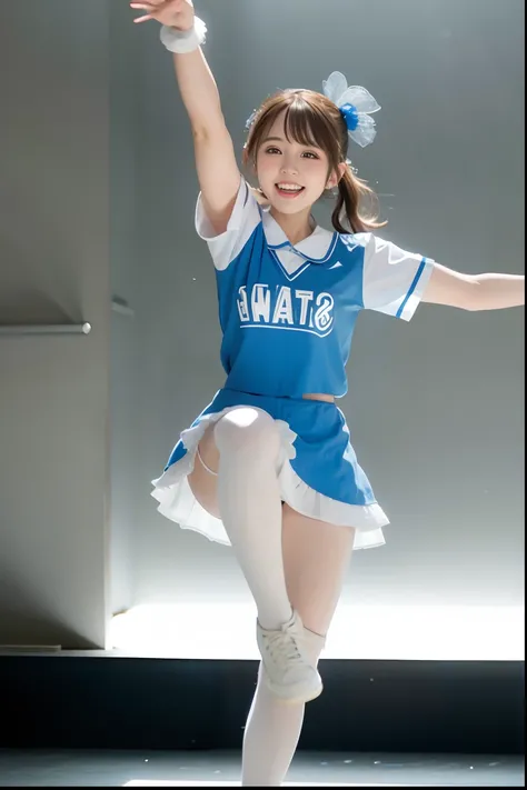 Alaf cheerleader in blue and white costume is doing tricks, in an action pose, mayuri shiina, Highkick, Japanese Models, kawaii playful pose of a dancer, mao hamaguchi, shinkai makoto, japanese mascot, Shiori Teshirogi, [ photos realistic ]!!, yukii morita...