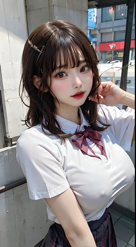 (((chop))), Japan women in uniform, (((JK Uniform V Open))), (((Japan Girls JK School Uniform))), (((Huge breasts :1.5))), (low  angle shot), (Womens Japan V-shaped Open), Light gold hair, Fluffy breasts, Side chest, Open chest, Close-up of the upper part ...